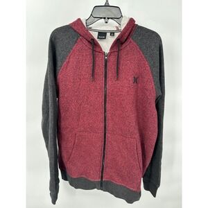 Hurley‎ Full Zip Hoodie Heathered Red Gray Raglan Sweatshirt Comfy Mens L